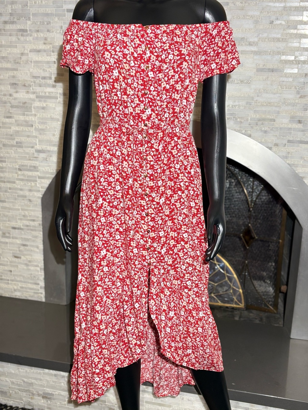 Indigo Rose Red Ditsy Floral Off-The-Shoulder Midi Dress - Size M